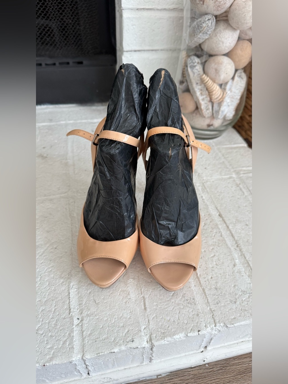 Miu Miu Crystal Heel Patent Leather Slingback Platform Sandals Nude EU 37 Y2K - Picture 9 of 13